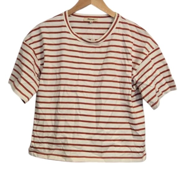 MADEWELL Women’s Red Striped Boxy Tee Shirt Crewneck Cotton Top Size L - Picture 3 of 6